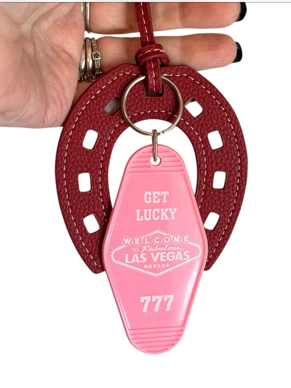 Pink Las Vegas "Get Lucky" Key Holder or bag charm with large Red Horseshoe
